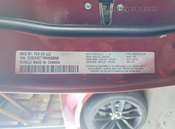 2C3CDXCT7MH608068 2021 DODGE CHARGER Red Вид наклейки з VIN-кодом