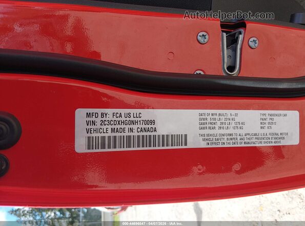2C3CDXHG0NH170099 2022 DODGE CHARGER Red Engine compartment view