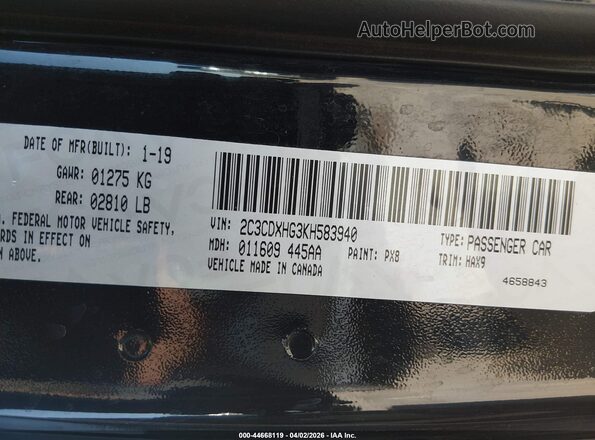 2C3CDXHG3KH583940 2019 DODGE CHARGER Black Widok komory silnika