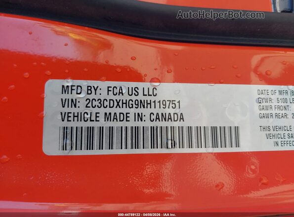 2C3CDXHG9NH119751 2022 DODGE CHARGER Orange Vista del compartimento del motor