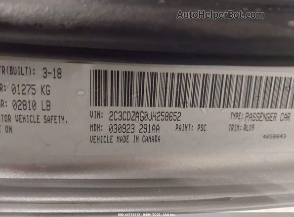 2C3CDZAG0JH258652 2018 DODGE CHALLENGER Gray ძრავის განყოფილების ხედი