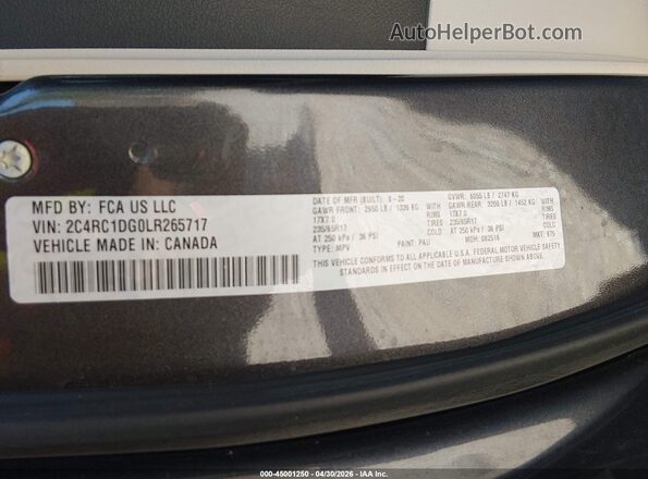 2C4RC1DG0LR265717 2020 CHRYSLER VOYAGER Gray Vista del compartimento del motor