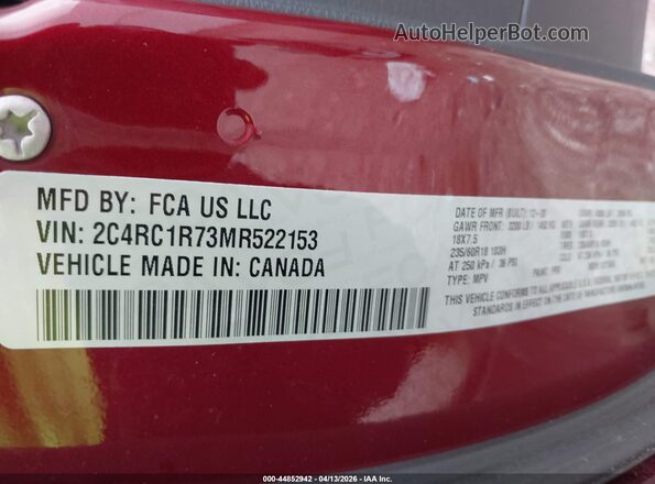 2C4RC1R73MR522153 2021 CHRYSLER PACIFICA Красный Вид подкапотного пространства