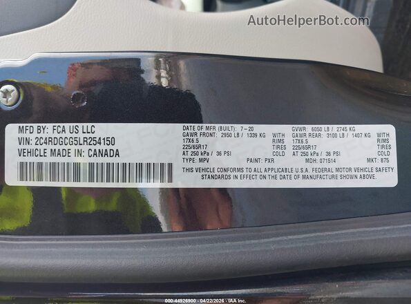 2C4RDGCG5LR254150 2020 DODGE GRAND CARAVAN Черный Вид подкапотного пространства