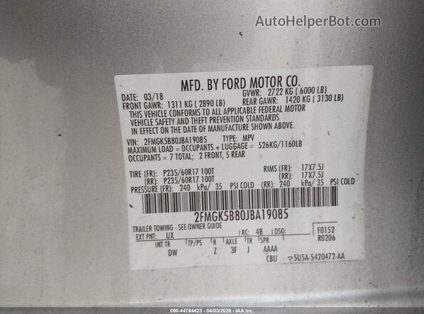 2FMGK5B80JBA19085 2018 FORD FLEX Silver Engine compartment view
