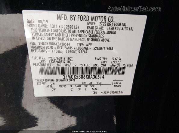 2FMGK5B86KBA30514 2019 FORD FLEX Black Շարժիչի բաժամունքի տեսք