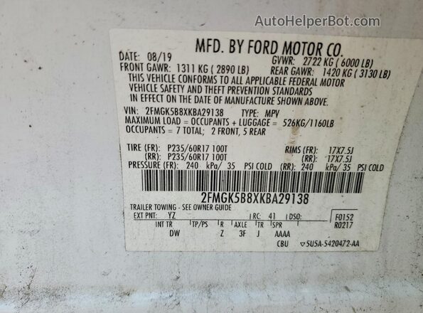 2FMGK5B8XKBA29138 2019 FORD FLEX White VIN კოდის სტიკერის ხედი