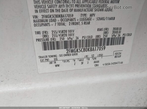2FMGK5C80KBA17059 2019 FORD FLEX White ძრავის განყოფილების ხედი