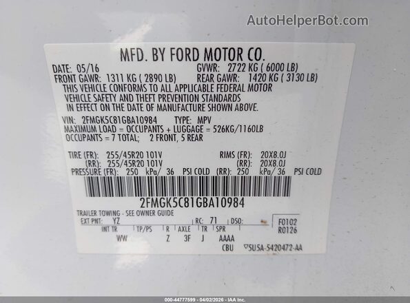 2FMGK5C81GBA10984 2016 FORD FLEX Белый Вид подкапотного пространства