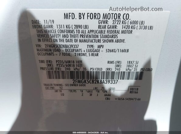 2FMGK5C82KBA39337 2019 FORD FLEX Белый Вид подкапотного пространства