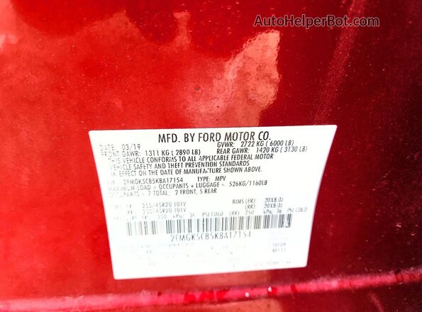 2FMGK5C85KBA17154 2019 FORD FLEX Красный Вид наклейки с VIN-кодом