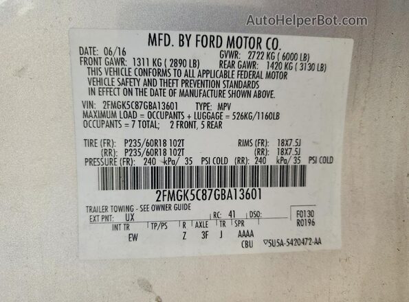 2FMGK5C87GBA13601 2016 FORD FLEX Silver VIN sticker view