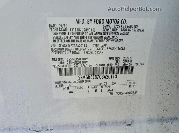 2FMGK5C87GBA20113 2016 FORD FLEX White Вид наклейки з VIN-кодом