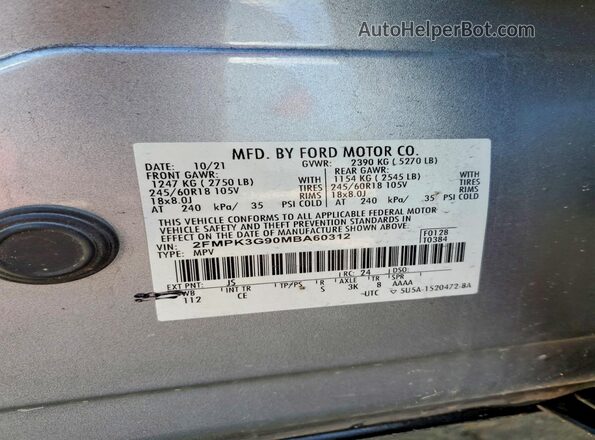 2FMPK3G90MBA60312 2021 FORD EDGE Silver 