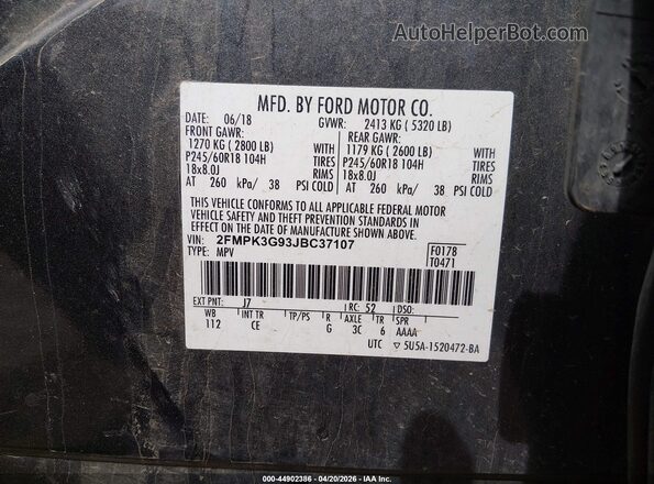 2FMPK3G93JBC37107 2018 FORD EDGE Black Շարժիչի բաժամունքի տեսք