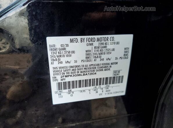 2FMPK3G98LBA72934 2020 FORD EDGE Black Widok naklejki z numerem VIN