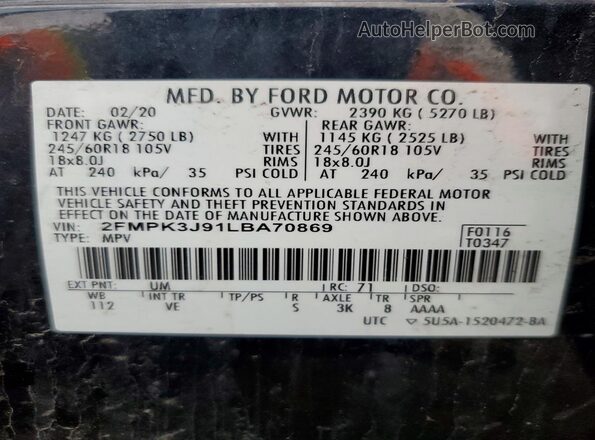 2FMPK3J91LBA70869 2020 FORD EDGE Black VIN კოდის სტიკერის ხედი