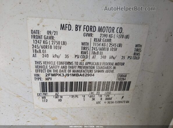 2FMPK3J91MBA62904 2021 FORD EDGE White Շարժիչի բաժամունքի տեսք