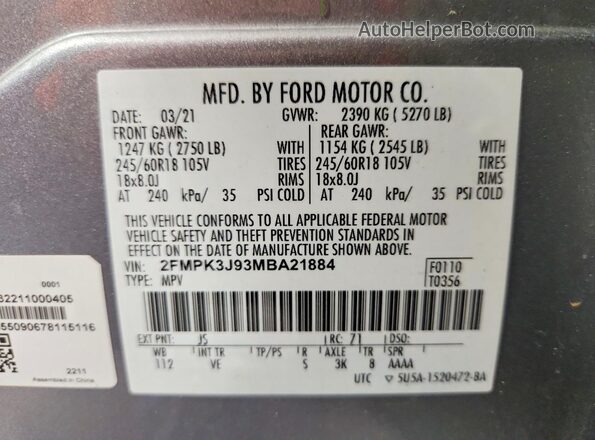 2FMPK3J93MBA21884 2021 FORD EDGE Серебряный Панорамный вид салона 360°