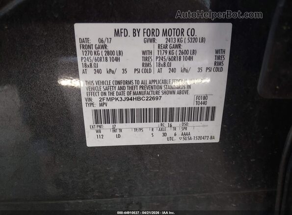 2FMPK3J94HBC22697 2017 FORD EDGE Gray Vista del compartimento del motor