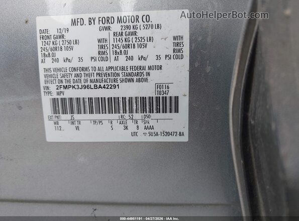 2FMPK3J96LBA42291 2020 FORD EDGE Silver Շարժիչի բաժամունքի տեսք