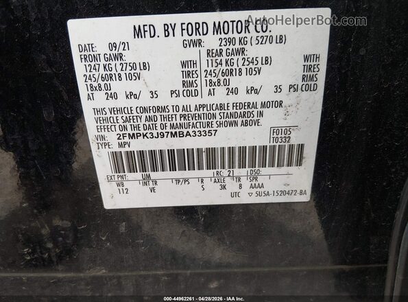 2FMPK3J97MBA33357 2021 FORD EDGE Black Շարժիչի բաժամունքի տեսք