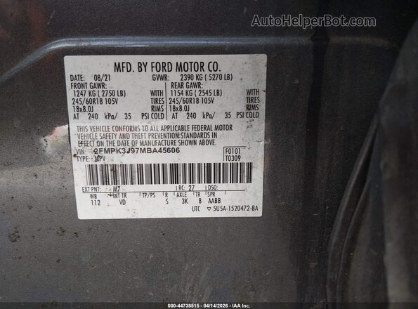 2FMPK3J97MBA45606 2021 FORD EDGE Gray Engine compartment view