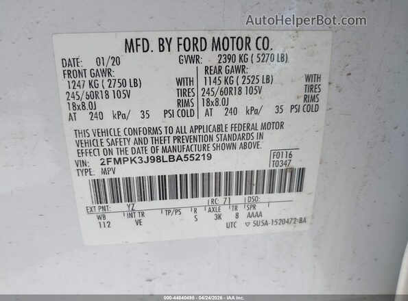 2FMPK3J98LBA55219 2020 FORD EDGE White Շարժիչի բաժամունքի տեսք
