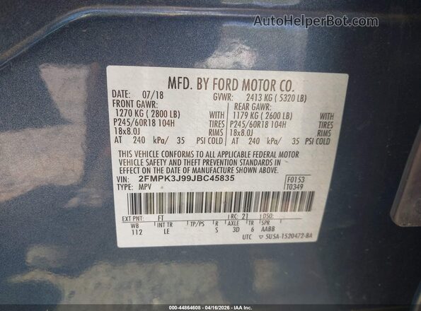 2FMPK3J99JBC45835 2018 FORD EDGE Blue 