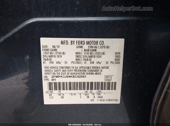 2FMPK3J99KBC62541 2019 FORD EDGE Blue 