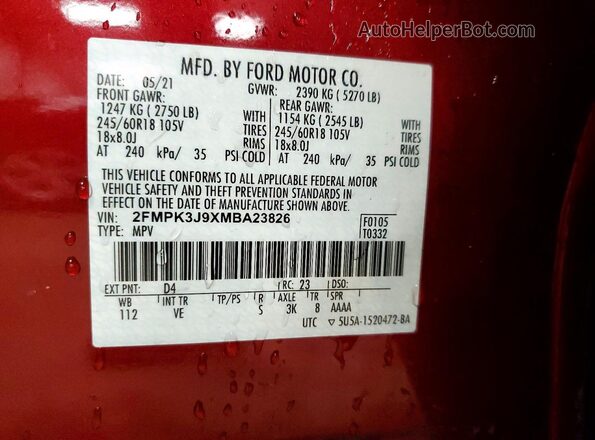 2FMPK3J9XMBA23826 2021 FORD EDGE Red 