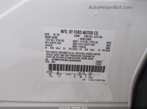 2FMPK3K90LBA84566 2020 FORD EDGE Белый Вид подкапотного пространства