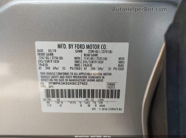 2FMPK3K92KBC27922 2019 FORD EDGE Silver Widok komory silnika