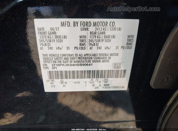 2FMPK3K94HBB90641 2017 FORD EDGE Black Engine compartment view