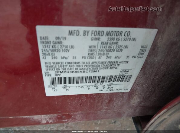 2FMPK3K96KBC72961 2019 FORD EDGE Red Vista del compartimento del motor