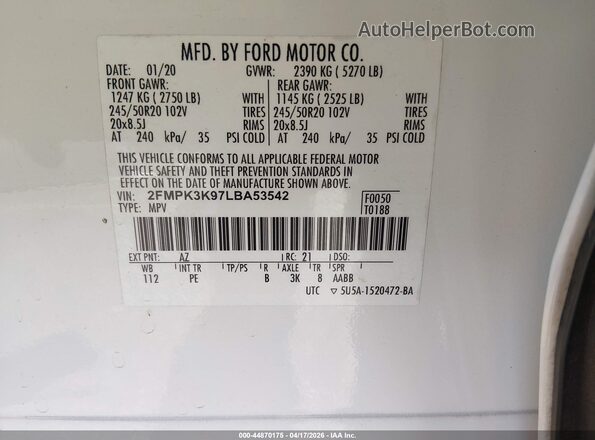 2FMPK3K97LBA53542 2020 FORD EDGE White Vista del compartimento del motor