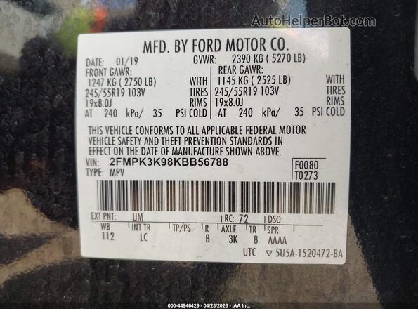 2FMPK3K98KBB56788 2019 FORD EDGE Black 