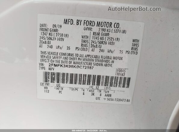 2FMPK3K98KBC72587 2019 FORD EDGE White 