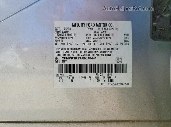 2FMPK3K99JBC18441 2018 FORD EDGE Silver Շարժիչի բաժամունքի տեսք