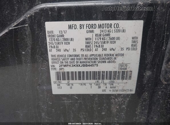 2FMPK3K9XJBB44575 2018 FORD EDGE Gray Widok komory silnika