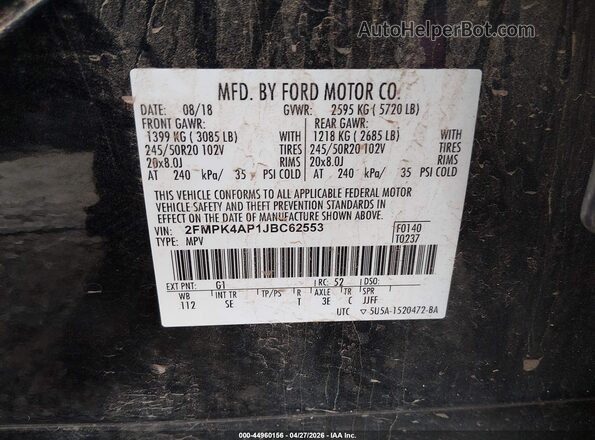 2FMPK4AP1JBC62553 2018 FORD EDGE Black Vista del compartimento del motor