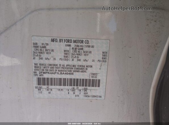 2FMPK4AP1LBA40405 2020 FORD EDGE White 