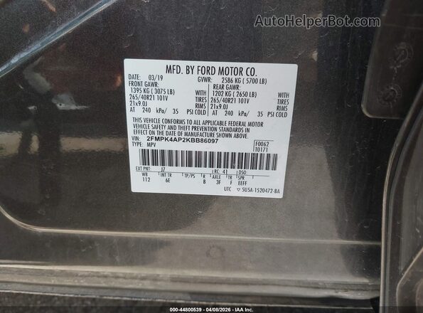 2FMPK4AP2KBB86097 2019 FORD EDGE Black ძრავის განყოფილების ხედი