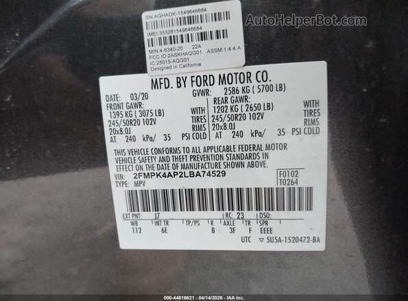 2FMPK4AP2LBA74529 2020 FORD EDGE Gray 