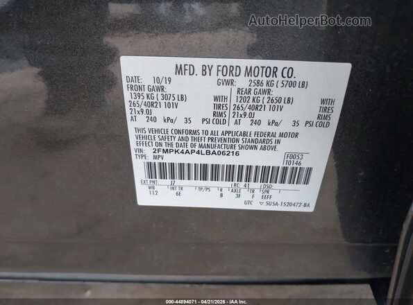 2FMPK4AP4LBA06216 2020 FORD EDGE Gray Engine compartment view
