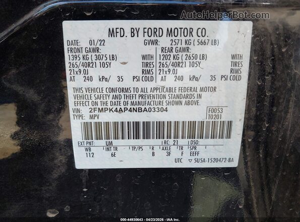 2FMPK4AP4NBA03304 2022 FORD EDGE Black Вид підкапотного простору