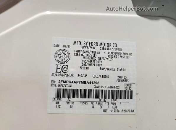 2FMPK4AP7MBA41298 2021 FORD EDGE White 