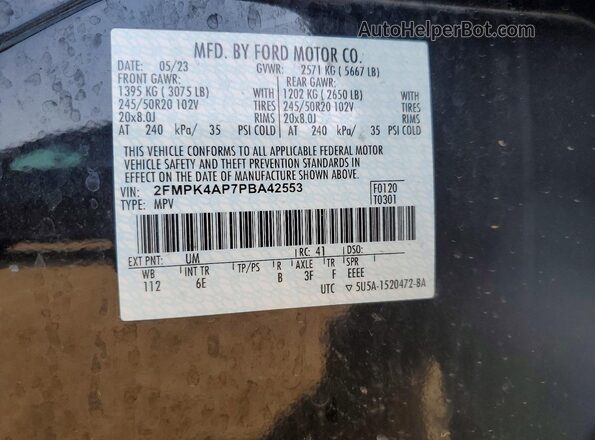 2FMPK4AP7PBA42553 2023 FORD EDGE Black Widok naklejki z numerem VIN