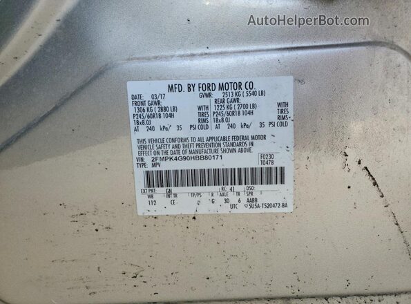 2FMPK4G90HBB80171 2017 FORD EDGE Gold VIN sticker view