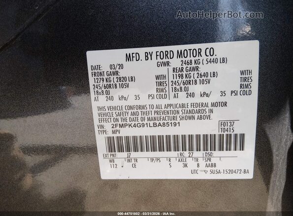 2FMPK4G91LBA85191 2020 FORD EDGE Gray Շարժիչի բաժամունքի տեսք